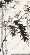 陆抑非作品 墨竹小鸟 高清下载 ID：12350