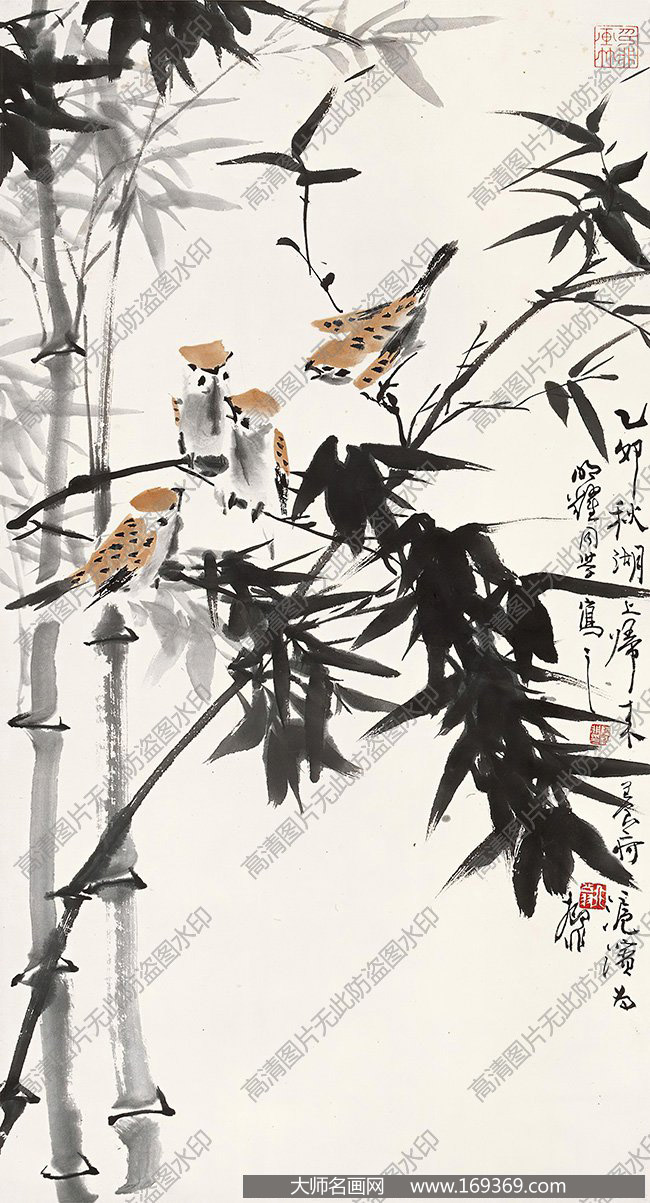 陆抑非作品 墨竹小鸟 高清下载 ID:12350