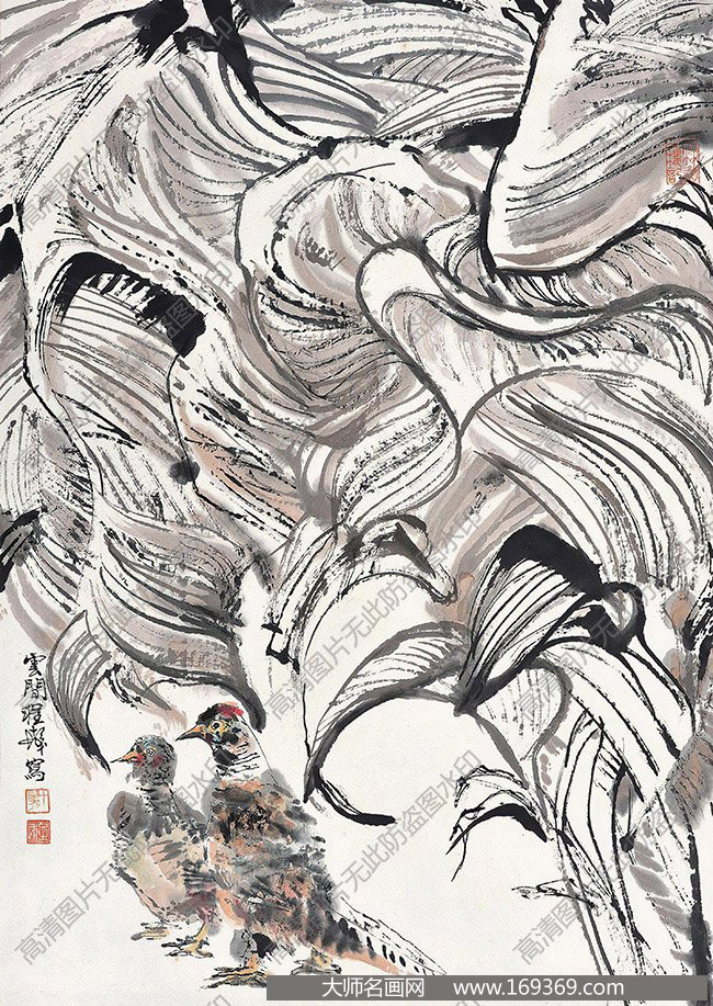 程十发作品 芭蕉双鸡 高清下载 ID:10806